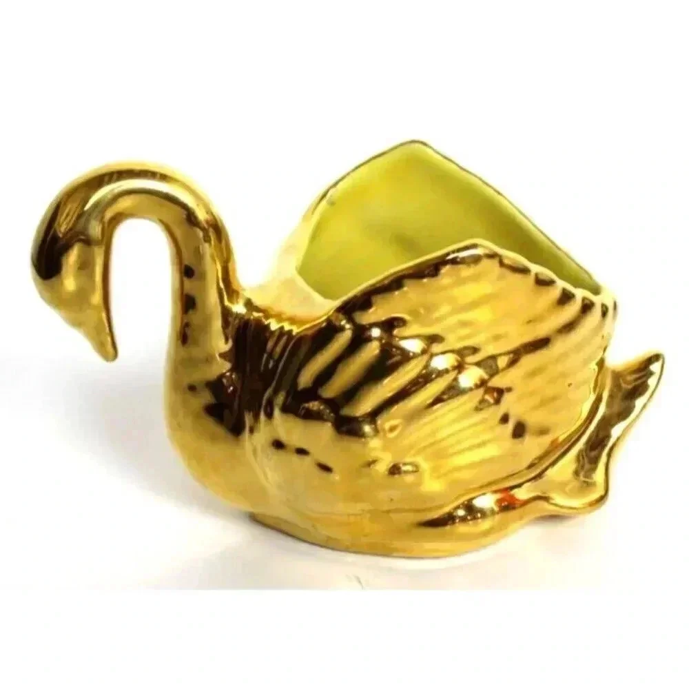 Vintage MCM Weeping Gold 22KT Swan Candy Dish Planter Room Decor Figurine